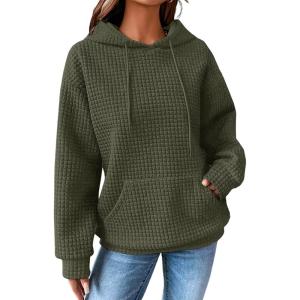 imageSHEWIN Womens Hoodies Casual Long Sleeve Drawstring Waffle Pullover Tops Loose Hooded Sweatshirt with PocketBgreen