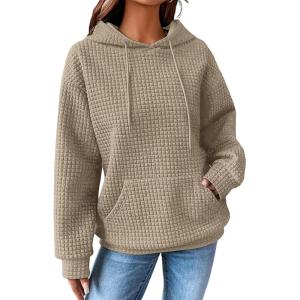 imageSHEWIN Womens Hoodies Casual Long Sleeve Drawstring Waffle Pullover Tops Loose Hooded Sweatshirt with PocketBkhaki