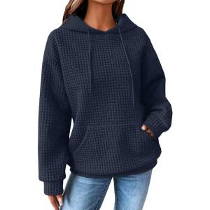 imageSHEWIN Womens Hoodies Casual Long Sleeve Drawstring Waffle Pullover Tops Loose Hooded Sweatshirt with PocketBnavy Blue