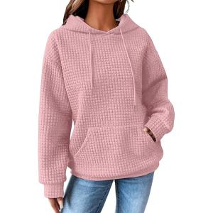 imageSHEWIN Womens Hoodies Casual Long Sleeve Drawstring Waffle Pullover Tops Loose Hooded Sweatshirt with PocketBpink