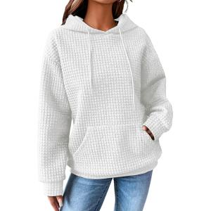 imageSHEWIN Womens Hoodies Casual Long Sleeve Drawstring Waffle Pullover Tops Loose Hooded Sweatshirt with PocketBwhite