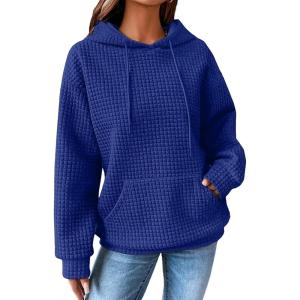 imageSHEWIN Womens Hoodies Casual Long Sleeve Drawstring Waffle Pullover Tops Loose Hooded Sweatshirt with PocketDdeep Blue