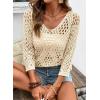 image:imageSHEWIN Womens Summer Tops Hollow Out Beach Crochet Cover Ups V Neck 34 Sleeve Pullover Sweater ShirtsBeige