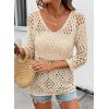 image:imageSHEWIN Womens Summer Tops Hollow Out Beach Crochet Cover Ups V Neck 34 Sleeve Pullover Sweater ShirtsBeige