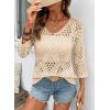 image:imageSHEWIN Womens Summer Tops Hollow Out Beach Crochet Cover Ups V Neck 34 Sleeve Pullover Sweater ShirtsBeige