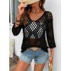 image:imageSHEWIN Womens Summer Tops Hollow Out Beach Crochet Cover Ups V Neck 34 Sleeve Pullover Sweater ShirtsBlack