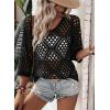 image:imageSHEWIN Womens Summer Tops Hollow Out Beach Crochet Cover Ups V Neck 34 Sleeve Pullover Sweater ShirtsBlack