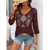 image:imageSHEWIN Womens Summer Tops Hollow Out Beach Crochet Cover Ups V Neck 34 Sleeve Pullover Sweater ShirtsBurgundy