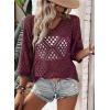 image:imageSHEWIN Womens Summer Tops Hollow Out Beach Crochet Cover Ups V Neck 34 Sleeve Pullover Sweater ShirtsBurgundy