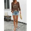 image:imageSHEWIN Womens Summer Tops Hollow Out Beach Crochet Cover Ups V Neck 34 Sleeve Pullover Sweater ShirtsCoffee
