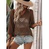 image:imageSHEWIN Womens Summer Tops Hollow Out Beach Crochet Cover Ups V Neck 34 Sleeve Pullover Sweater ShirtsCoffee