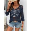 image:imageSHEWIN Womens Summer Tops Hollow Out Beach Crochet Cover Ups V Neck 34 Sleeve Pullover Sweater ShirtsDirty Blue