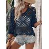image:imageSHEWIN Womens Summer Tops Hollow Out Beach Crochet Cover Ups V Neck 34 Sleeve Pullover Sweater ShirtsDirty Blue