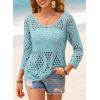 image:imageSHEWIN Womens Summer Tops Hollow Out Beach Crochet Cover Ups V Neck 34 Sleeve Pullover Sweater ShirtsIceland Blue