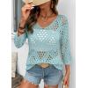image:imageSHEWIN Womens Summer Tops Hollow Out Beach Crochet Cover Ups V Neck 34 Sleeve Pullover Sweater ShirtsIceland Blue