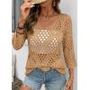 image:imageSHEWIN Womens Summer Tops Hollow Out Beach Crochet Cover Ups V Neck 34 Sleeve Pullover Sweater ShirtsKhaki