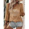 image:imageSHEWIN Womens Summer Tops Hollow Out Beach Crochet Cover Ups V Neck 34 Sleeve Pullover Sweater ShirtsKhaki