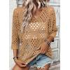 image:imageSHEWIN Womens Summer Tops Hollow Out Beach Crochet Cover Ups V Neck 34 Sleeve Pullover Sweater ShirtsKhaki
