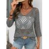image:imageSHEWIN Womens Summer Tops Hollow Out Beach Crochet Cover Ups V Neck 34 Sleeve Pullover Sweater ShirtsMedium Grey