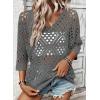 image:imageSHEWIN Womens Summer Tops Hollow Out Beach Crochet Cover Ups V Neck 34 Sleeve Pullover Sweater ShirtsMedium Grey