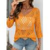 image:imageSHEWIN Womens Summer Tops Hollow Out Beach Crochet Cover Ups V Neck 34 Sleeve Pullover Sweater ShirtsOrange