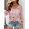 image:imageSHEWIN Womens Summer Tops Hollow Out Beach Crochet Cover Ups V Neck 34 Sleeve Pullover Sweater ShirtsPink