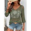 image:imageSHEWIN Womens Summer Tops Hollow Out Beach Crochet Cover Ups V Neck 34 Sleeve Pullover Sweater ShirtsVineyard Green