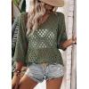 image:imageSHEWIN Womens Summer Tops Hollow Out Beach Crochet Cover Ups V Neck 34 Sleeve Pullover Sweater ShirtsVineyard Green