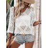 image:imageSHEWIN Womens Summer Tops Hollow Out Beach Crochet Cover Ups V Neck 34 Sleeve Pullover Sweater ShirtsWhite