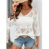 image:imageSHEWIN Womens Summer Tops Hollow Out Beach Crochet Cover Ups V Neck 34 Sleeve Pullover Sweater ShirtsWhite