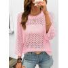 image:imageSHEWIN Womens Sweaters Crew Neck 34 Length Sleeve Crochet Tops Knit Beach Cover Ups Spring Outfits for WomenPink