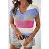 image:imageSHEWIN Womens Tops V Neck Short Sleeve Sweater Striped Color Block Pullover Cap Sleeve ShirtsBeau Blue