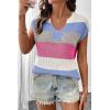 image:imageSHEWIN Womens Tops V Neck Short Sleeve Sweater Striped Color Block Pullover Cap Sleeve ShirtsBeau Blue