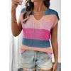 image:imageSHEWIN Womens Tops V Neck Short Sleeve Sweater Striped Color Block Pullover Cap Sleeve ShirtsDusty Pink