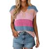 image:imageSHEWIN Womens Tops V Neck Short Sleeve Sweater Striped Color Block Pullover Cap Sleeve ShirtsDusty Pink