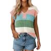 image:imageSHEWIN Womens Tops V Neck Short Sleeve Sweater Striped Color Block Pullover Cap Sleeve ShirtsGrass Green