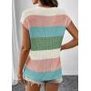 image:imageSHEWIN Womens Tops V Neck Short Sleeve Sweater Striped Color Block Pullover Cap Sleeve ShirtsGrass Green
