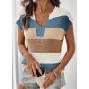 image:imageSHEWIN Womens Tops V Neck Short Sleeve Sweater Striped Color Block Pullover Cap Sleeve ShirtsKhaki