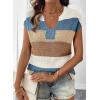 image:imageSHEWIN Womens Tops V Neck Short Sleeve Sweater Striped Color Block Pullover Cap Sleeve ShirtsKhaki