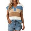 image:imageSHEWIN Womens Tops V Neck Short Sleeve Sweater Striped Color Block Pullover Cap Sleeve ShirtsKhaki