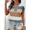 image:imageSHEWIN Womens Tops V Neck Short Sleeve Sweater Striped Color Block Pullover Cap Sleeve ShirtsKhaki