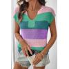 image:imageSHEWIN Womens Tops V Neck Short Sleeve Sweater Striped Color Block Pullover Cap Sleeve ShirtsLapis