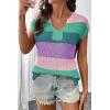 image:imageSHEWIN Womens Tops V Neck Short Sleeve Sweater Striped Color Block Pullover Cap Sleeve ShirtsLapis