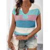 image:imageSHEWIN Womens Tops V Neck Short Sleeve Sweater Striped Color Block Pullover Cap Sleeve ShirtsLight Blue