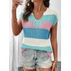 image:imageSHEWIN Womens Tops V Neck Short Sleeve Sweater Striped Color Block Pullover Cap Sleeve ShirtsLight Blue