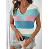image:imageSHEWIN Womens Tops V Neck Short Sleeve Sweater Striped Color Block Pullover Cap Sleeve ShirtsLight Blue
