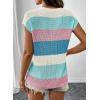 image:imageSHEWIN Womens Tops V Neck Short Sleeve Sweater Striped Color Block Pullover Cap Sleeve ShirtsLight Blue