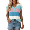 image:imageSHEWIN Womens Tops V Neck Short Sleeve Sweater Striped Color Block Pullover Cap Sleeve ShirtsLight Blue
