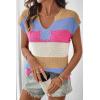image:imageSHEWIN Womens Tops V Neck Short Sleeve Sweater Striped Color Block Pullover Cap Sleeve ShirtsMist Blue