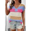 image:imageSHEWIN Womens Tops V Neck Short Sleeve Sweater Striped Color Block Pullover Cap Sleeve ShirtsMist Blue